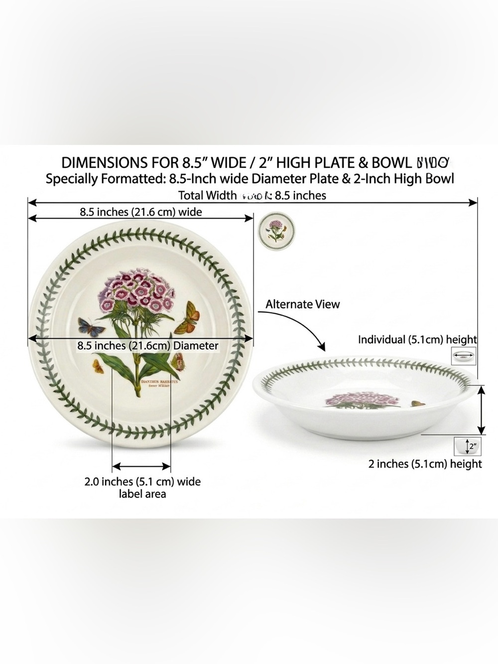 Portmeirion White Plate with Pink Floral and Green Leaf Border